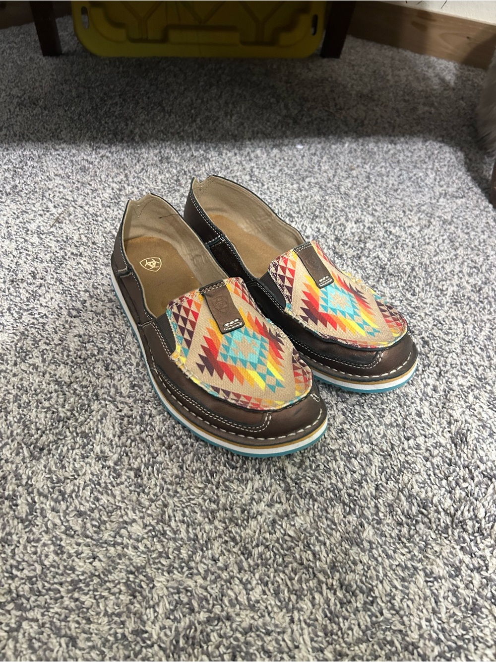 Ariat Brown Leather Slip-On Shoes with Multicolor Aztec Pattern